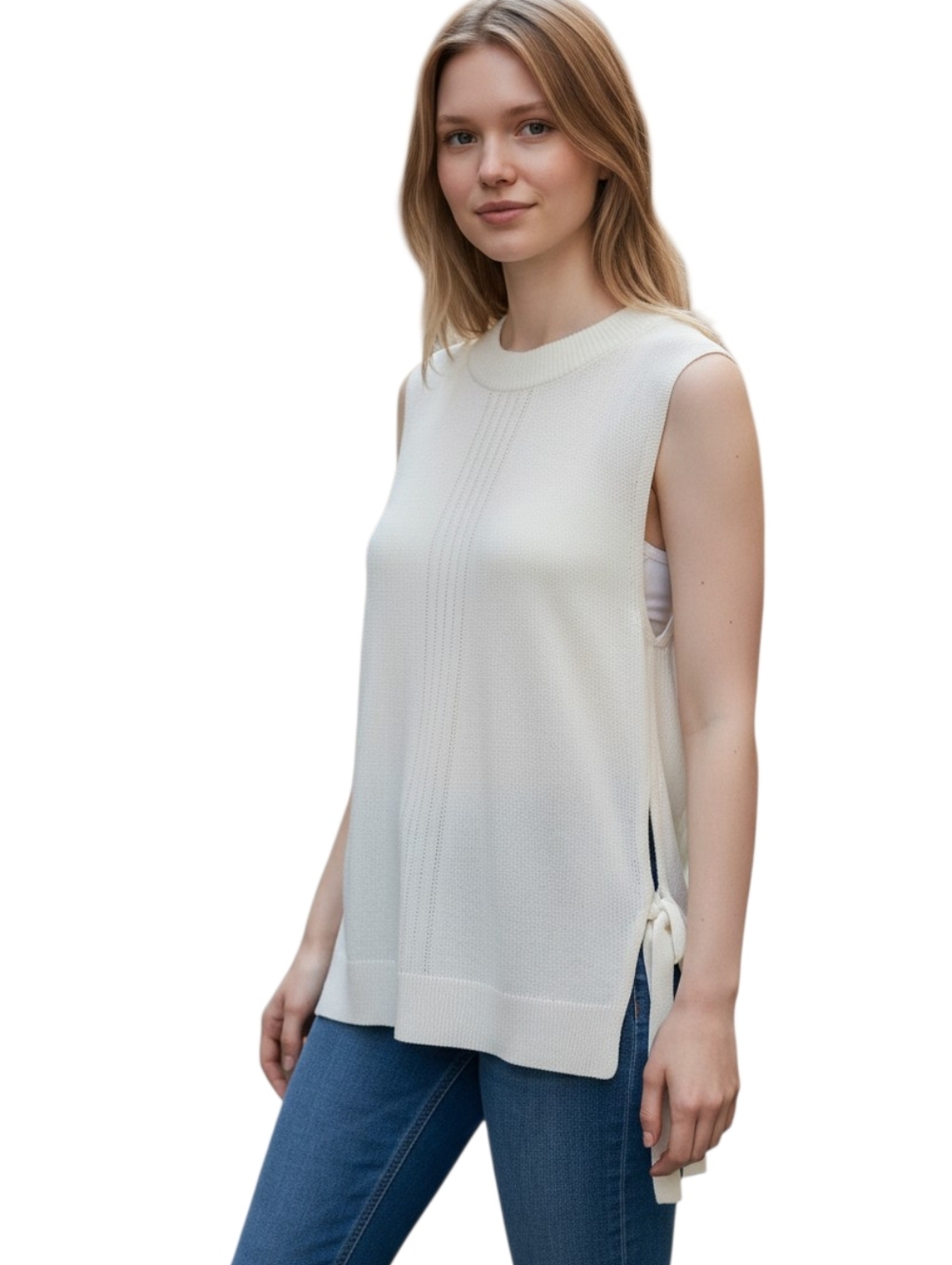 Lucky Sleeveless Linen Top Women SP White Side Ties Delicate Knit Minilist Prep